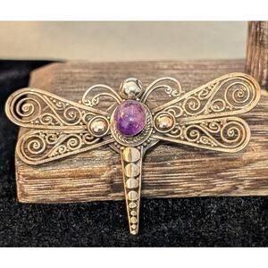 Vintage 925 Filigree Bali Design Amethyst Cabochon Dragon Fly C Clasp Brooch